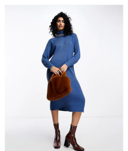 Image of sale on Ribbed Turtle Neck Sweater Midi Dress in Blue