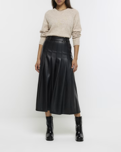 Image of sale on Black Faux Leather Pleated Midi Skirt