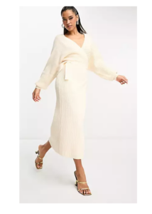 Image of sale on Pretty Lavish Oversized Wrap Knit Midi Dress in Cream