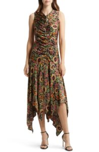 Image of sale on Floral Print Ruched Satin Midi Dress
