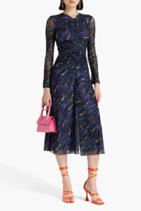 Image of sale on Ruched Printed Mesh Midi Dress