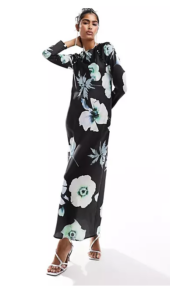 Image of sale on Satin Biased Maxi Dress with Button Detail in Black Based Floral Print