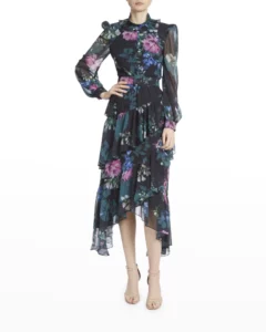 Image of sale on Georgette Floral-print Tiered Ruffled Dress Size 10