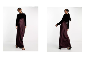 Image of sale on Satin Batwing Bias Cut Maxi Dress with Contrast Velvet Bodice in Burgundy
