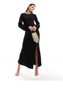 Image of sale on Satin Jacquard Maxi Dress with Thigh Slit in Black