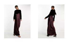 Image of sale on Satin Batwing Bias Cut Maxi Dress with Contrast Velvet Bodice in Burgundy