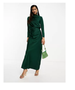 Image of sale on Satin Tuck Detail Maxi Dress with Ruched Detail in Forest Green