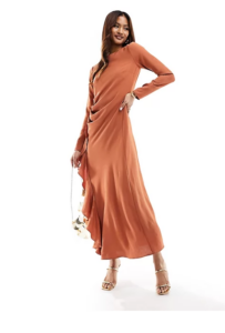 Image of sale on Ruched Waist Asymmetric Hem Maxi Dress in Rust