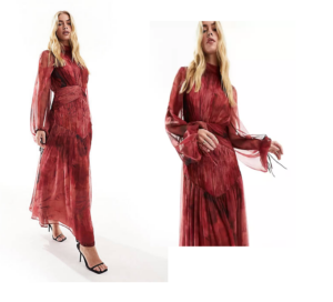 Image of sale on High Neck Ruched Chevron Detail Maxi Dress in Blurred Red Print