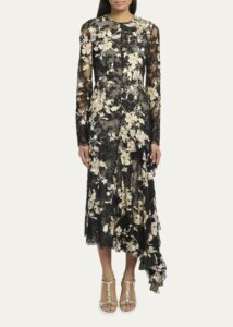 Image of sale on Asymmetric Sequin Embroidered Long-sleeve Ruffle Lace Dress