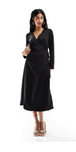 Image of sale on Only Satin Wrap Midi Dress in Black