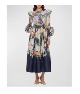 Image of sale on Jordana Bishop-sleeve Floral-print Midi Dress