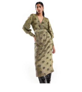 Image of sale on Textured Plisse Glitter Midi Dress in Gold