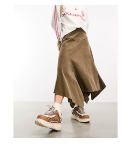 Image of sale on Cord Hanky Hem Midi Skirt in Stone