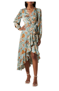Image of sale on Floral Satin Long Sleeve Wrap Dress