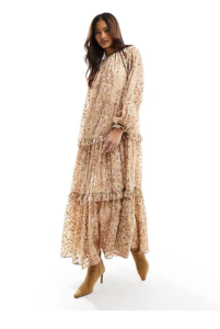 Image of sale on High Neck Smock Maxi Dress with Frill Detail in Metallic Floral