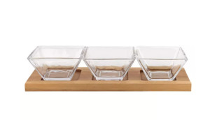 Image of sale on Hostess Set 4 Piece with 3 Glass Condiment or Dip Bowls on a Wood Tray