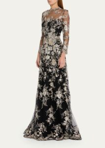 Image of sale on Floral-embroidered Mock-neck Tulle Gown
