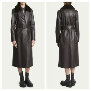 Image of sale on Belted Leather Trench Coat with Shearling Collar