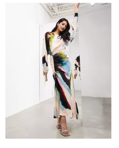 Image of sale on Long Sleeve Ruched Maxi Dress in Watercolor Smudge Print