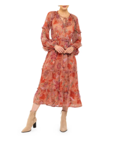 Image of sale on Floral Ruffle Long Sleeve Midi Dress
