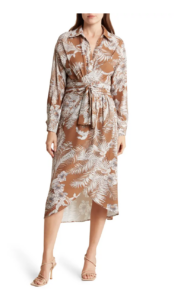 Image of sale on Tropical Print Tie Waist Long Sleeve Shirtdress