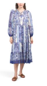 Image of sale on Long Sleeve Ruffle Neck Midi Dress with Tie Waist