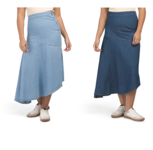 Image of sale on Denim Asymmetric Ruffle Hem Midi Skirt