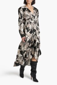 Image of sale on Nuna Gathered Printed Satin-crepe Midi Dress