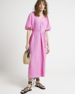 Image of sale on Pink Puff Sleeve Belted Textured Dress
