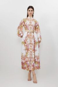Image of sale on Mirrored Floral Viscose Linen Button Down Midi Dress