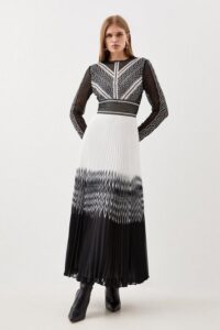 Image of sale on Guipure Lace Pleated Placed Print Woven Maxi Dress
