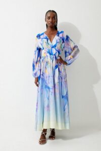 Image of sale on Ombre Floral Silk Cotton Plunge Maxi Dress