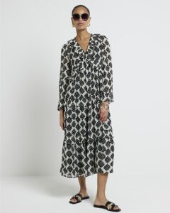 Image of sale on Black Geometric Frill Smock Maxi Dress