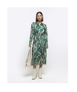 Image of sale on Green Abstract Belted Midi Shirt Dress