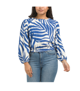 Image of sale on Palm Print Linen Blend Top with Ruffle Boat Neckline