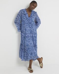 Image of sale on Blue Floral Frill Detail Maxi Dress