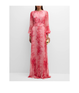 Image of sale on Pleated Floral-print Blouson-sleeve Gown