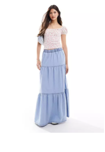 Image of sale on Chambray Tiered Maxi Skirt in Acid Blue Wash