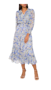 Image of sale on Floral Print Metallic Smocked Long Sleeve Maxi Dress