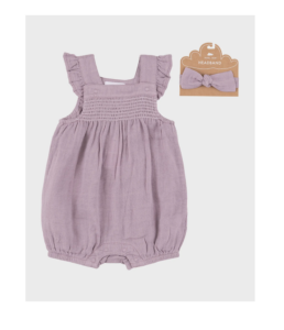 Image of sale on Girl’s Dusty Lavender Smocked Overalls and Headband Set, Size Newborn-24m