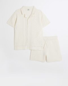 Image of sale on Boys Ecru Textured Revere Shirt Set