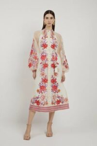Image of sale on Floral Placed Embroidery Organdie Woven Midi Dress