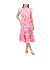 Image of sale on Flutter Sleeve Floral Midi Dress with Ric Rac Trim