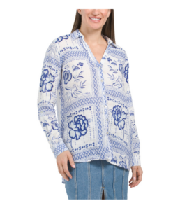 Image of sale on Linen Surplice Long Sleeve Collared Top
