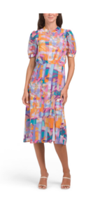 Image of sale on Puff Sleeve Abstract Print Chiffon Midi Dress