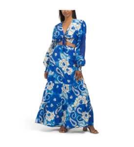 Image of sale on Long Sleeve Pullover Repeat Linen Blend Top and Tiered Skirt Set