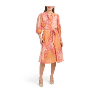 Image of sale on Pintuck Floral Dress with Tie Belt