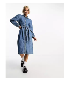 Image of sale on Belted Denim Midi Dress in Mid Blue