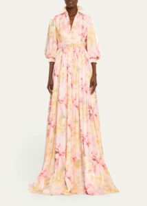 Image of sale on Blouson-sleeve Shimmer Floral-print Gown